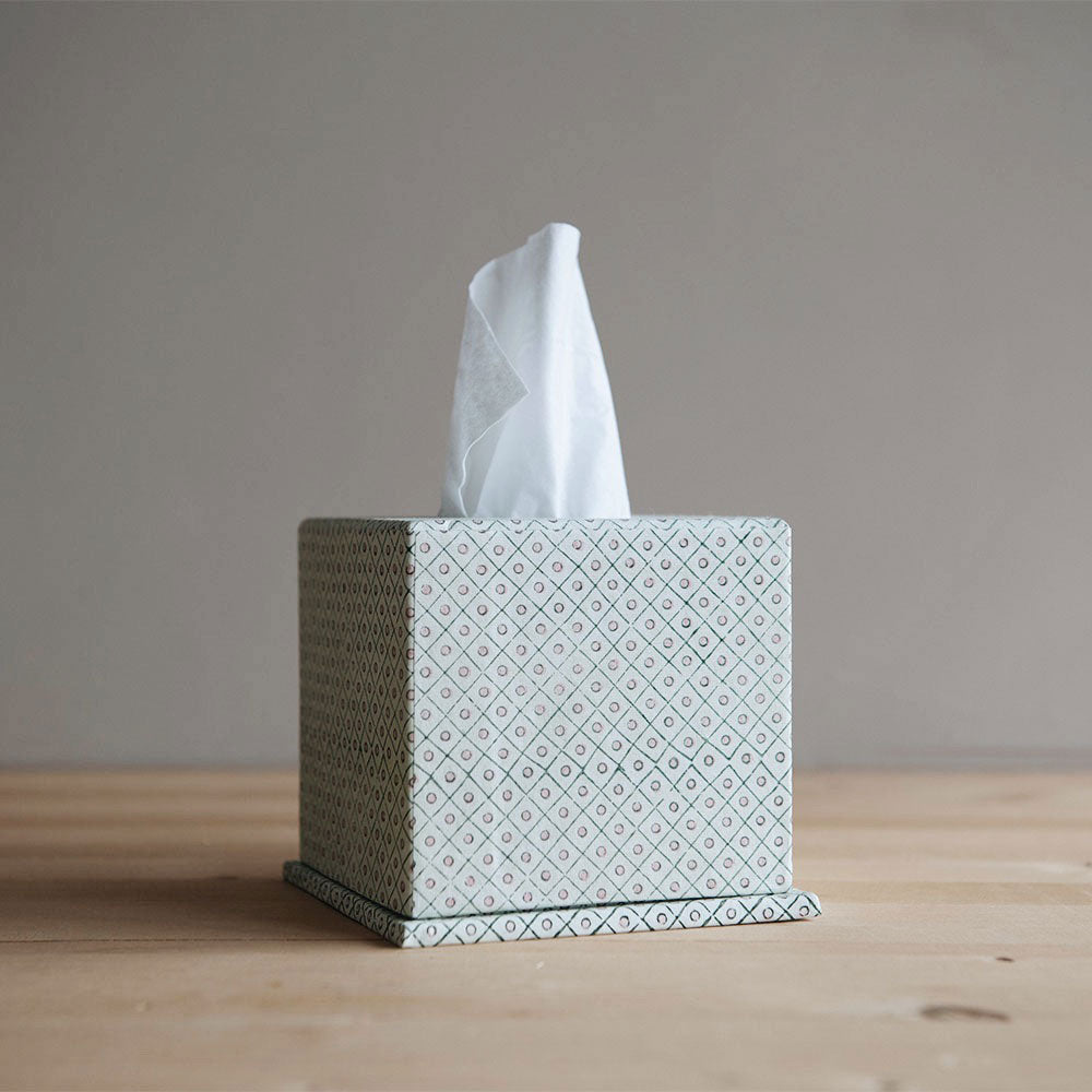 Hand Block-Printed Tissue Box - Green