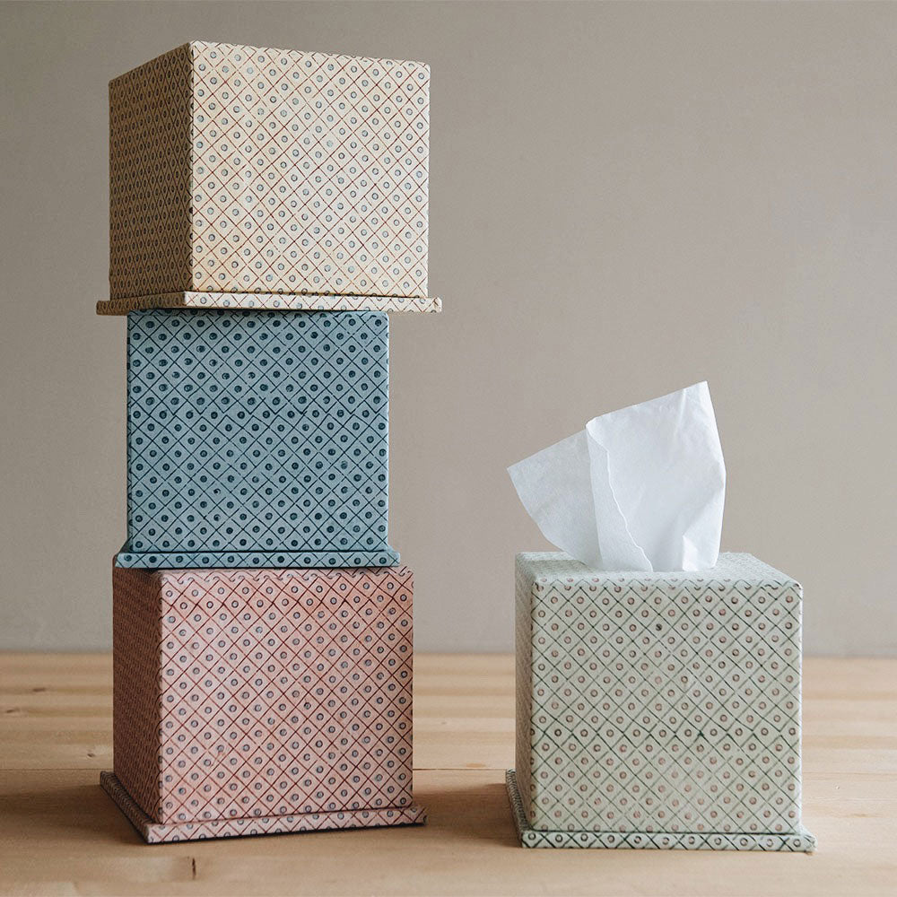 Hand Block-Printed Tissue Box - Green