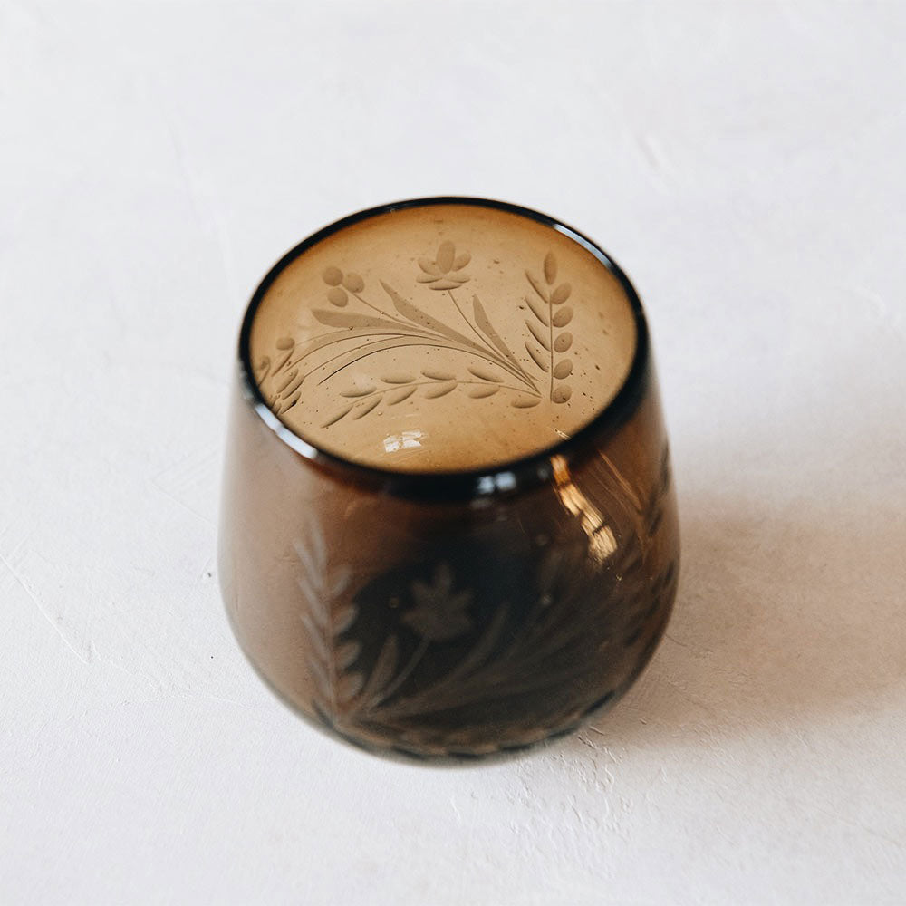 Hand-etched Round Floral Tumbler - Amber