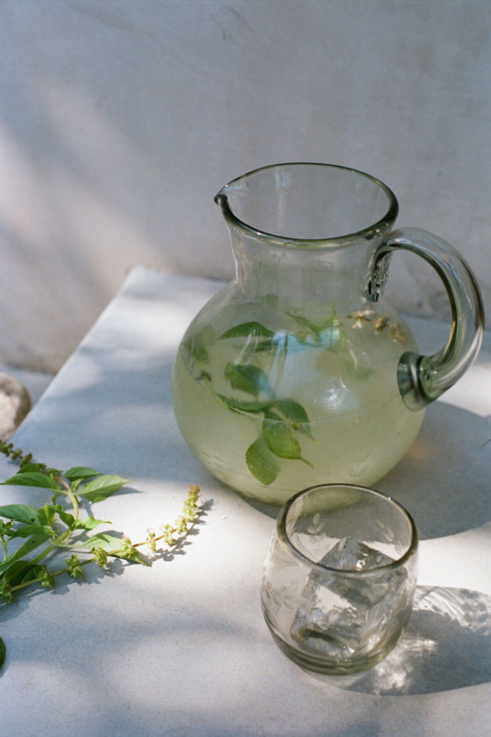 Round Etched Artisan Glass Pitcher