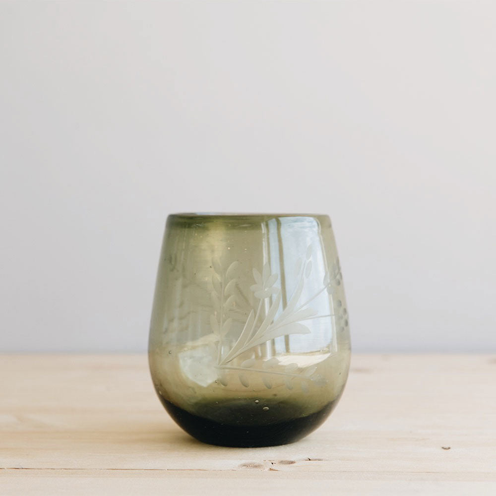 Hand-etched Round Floral Tumbler - Olive