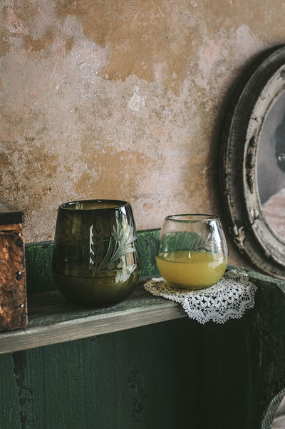 Hand-etched Round Floral Tumbler - Olive