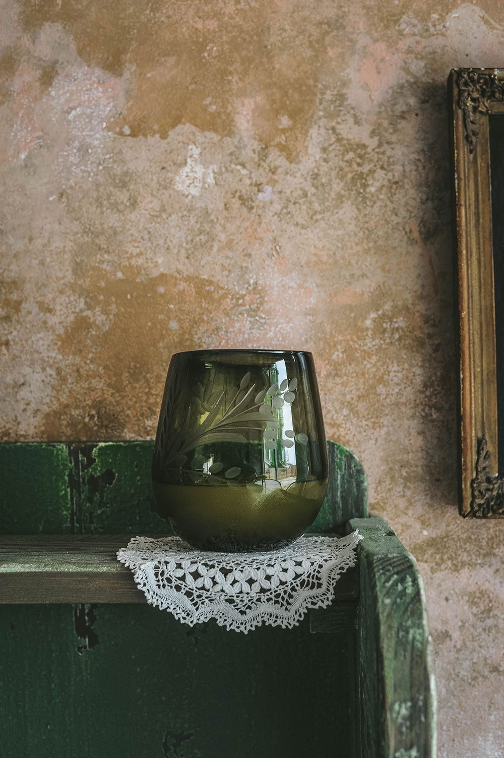 Hand-etched Round Floral Tumbler - Olive