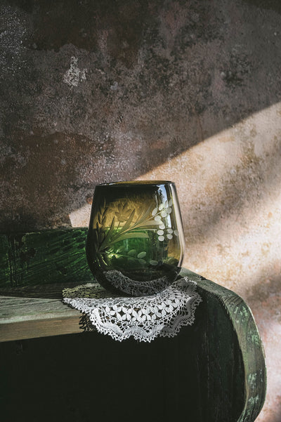 Hand-etched Round Floral Tumbler - Olive