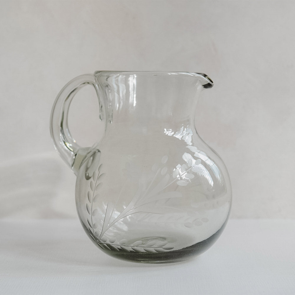 Round Etched Artisan Glass Pitcher