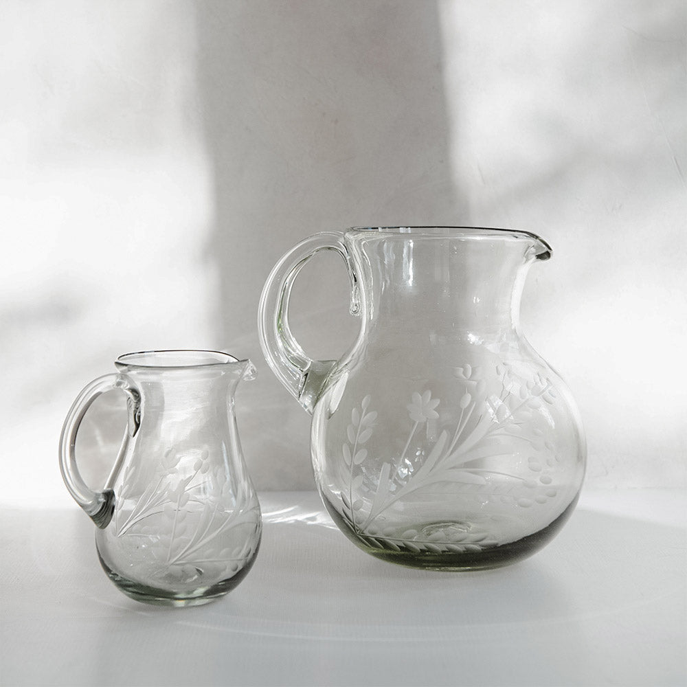 Round Etched Artisan Glass Pitcher