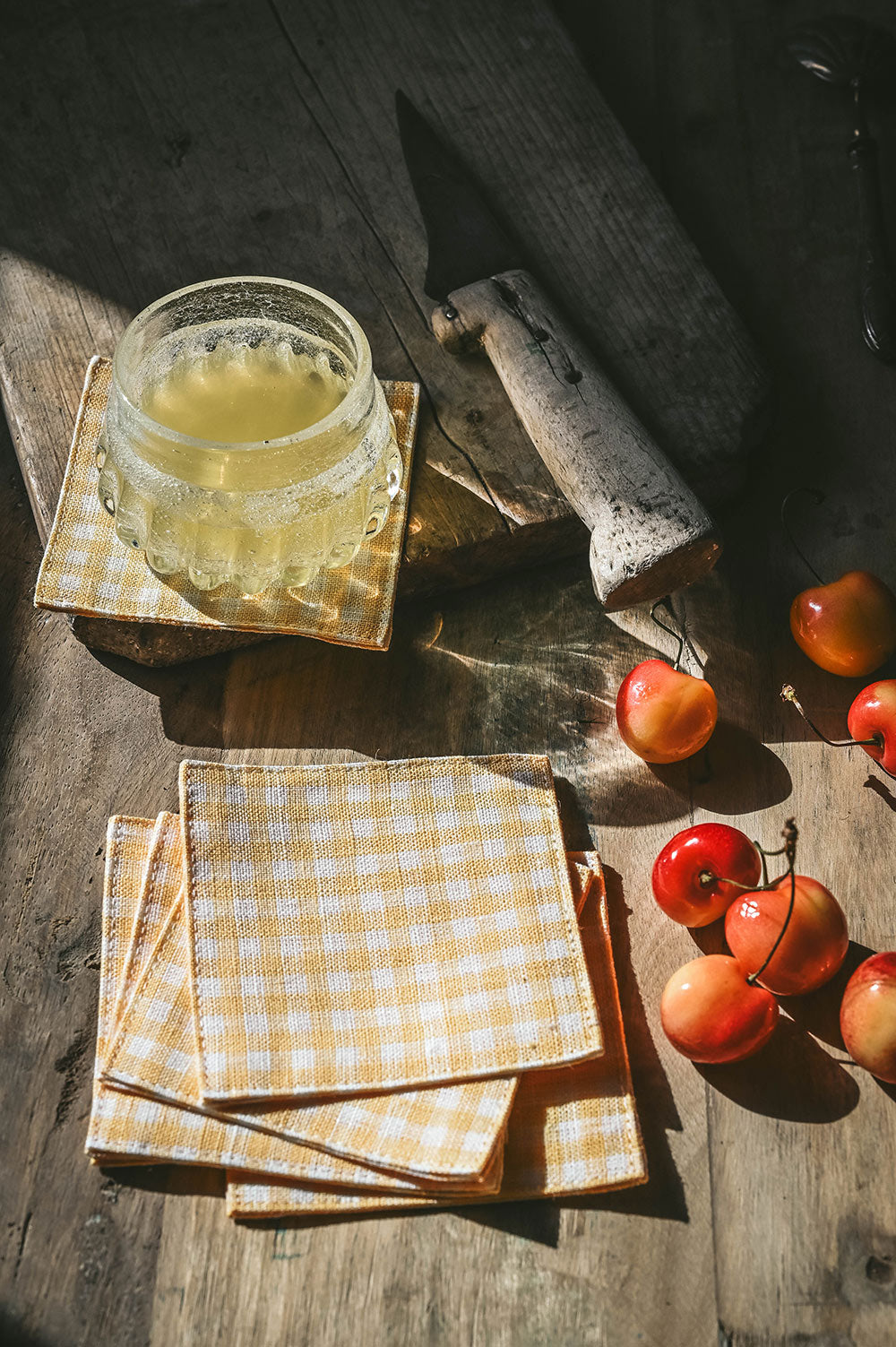 Gingham Linen Coaster Set - Butter Yellow