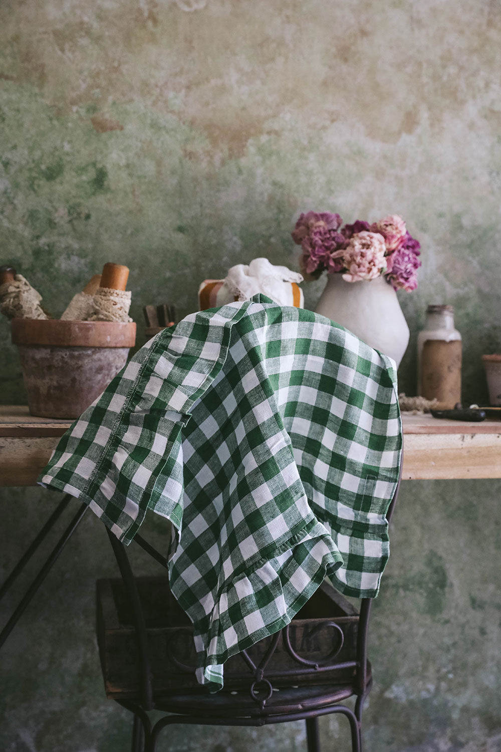 Gingham Ruffle Linen Tea Towel