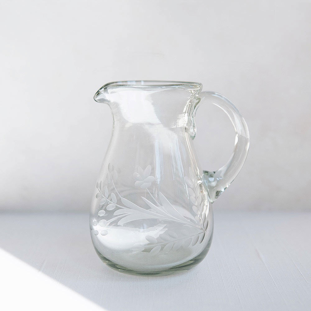 Petite Etched Artisan Glass Pitcher