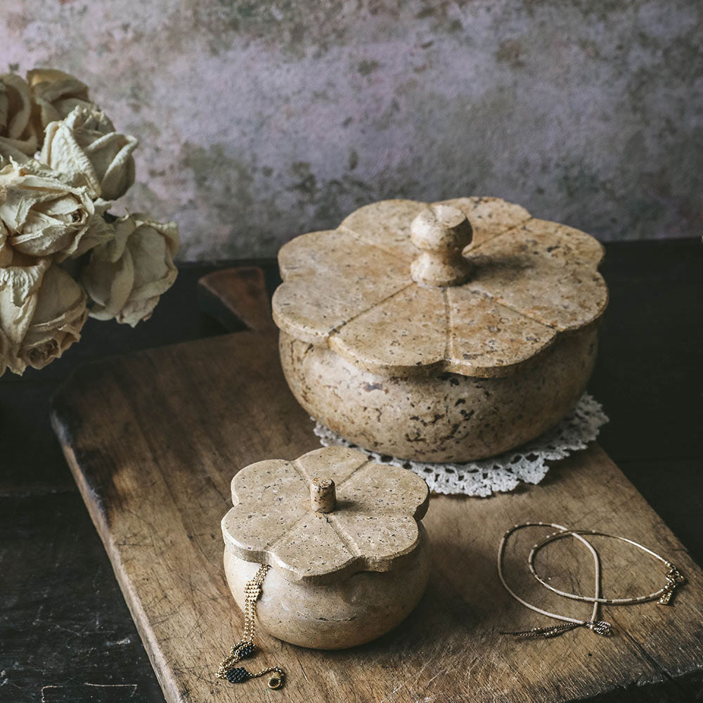 Lidded Red Travertine Petal Box