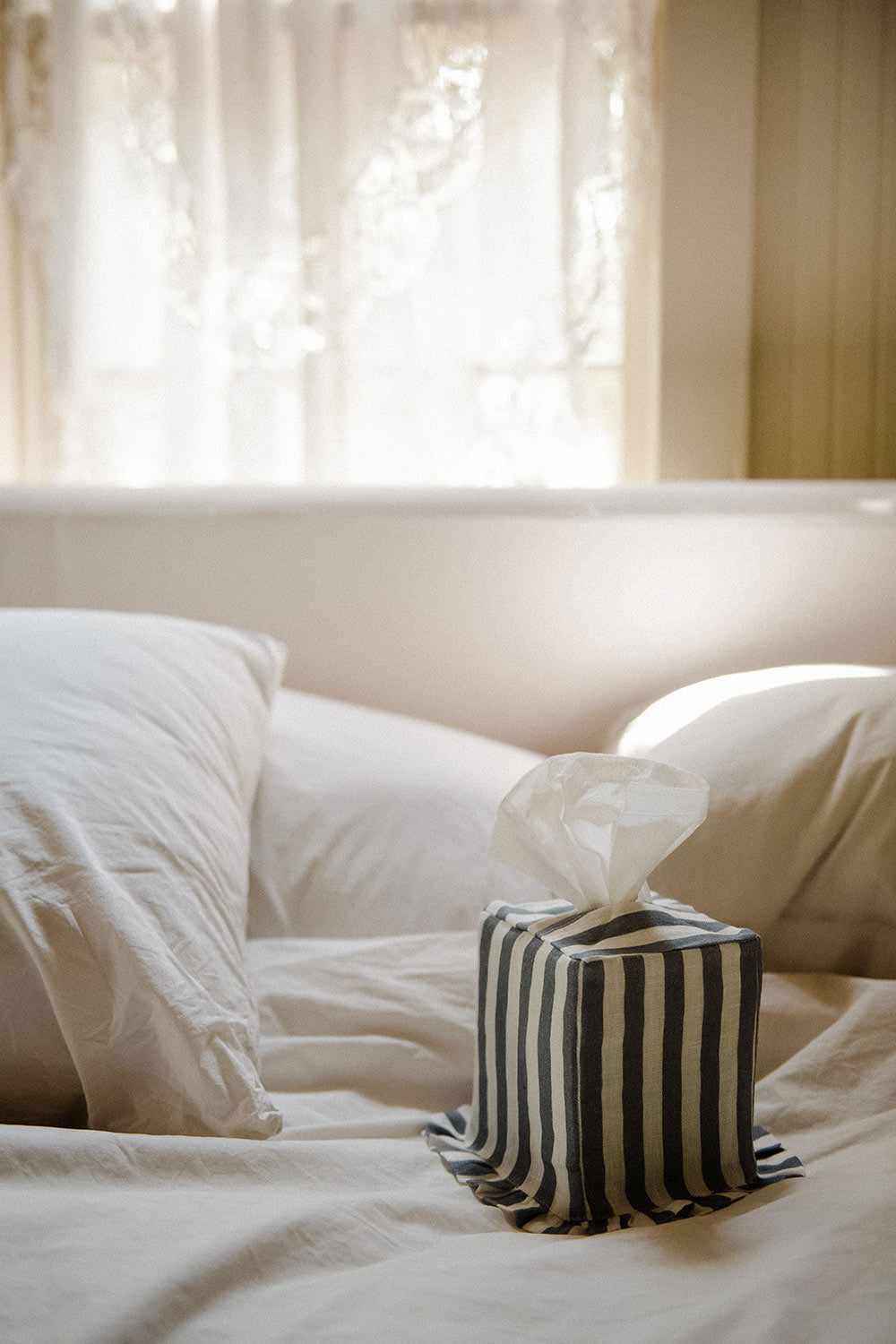 Ruffle Linen Tissue Cover - Denim Stripe