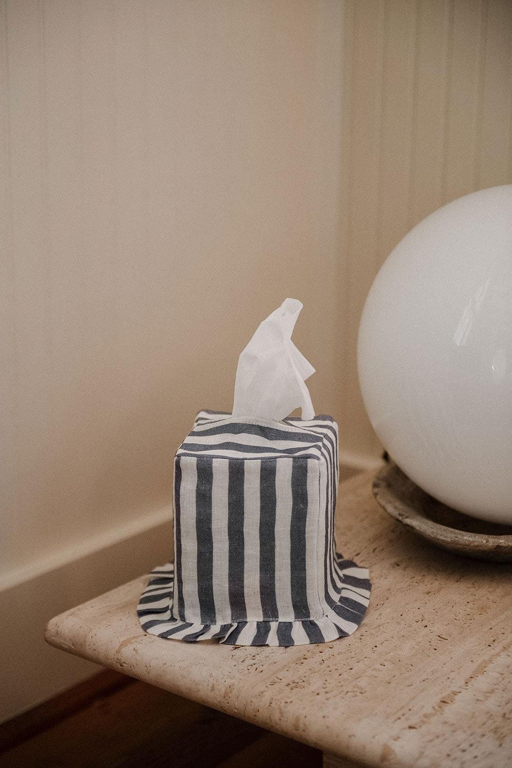 Ruffle Linen Tissue Cover - Denim Stripe