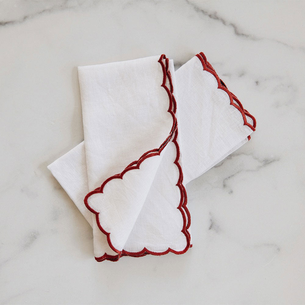 Scallop Border Linen Napkin Set - Red