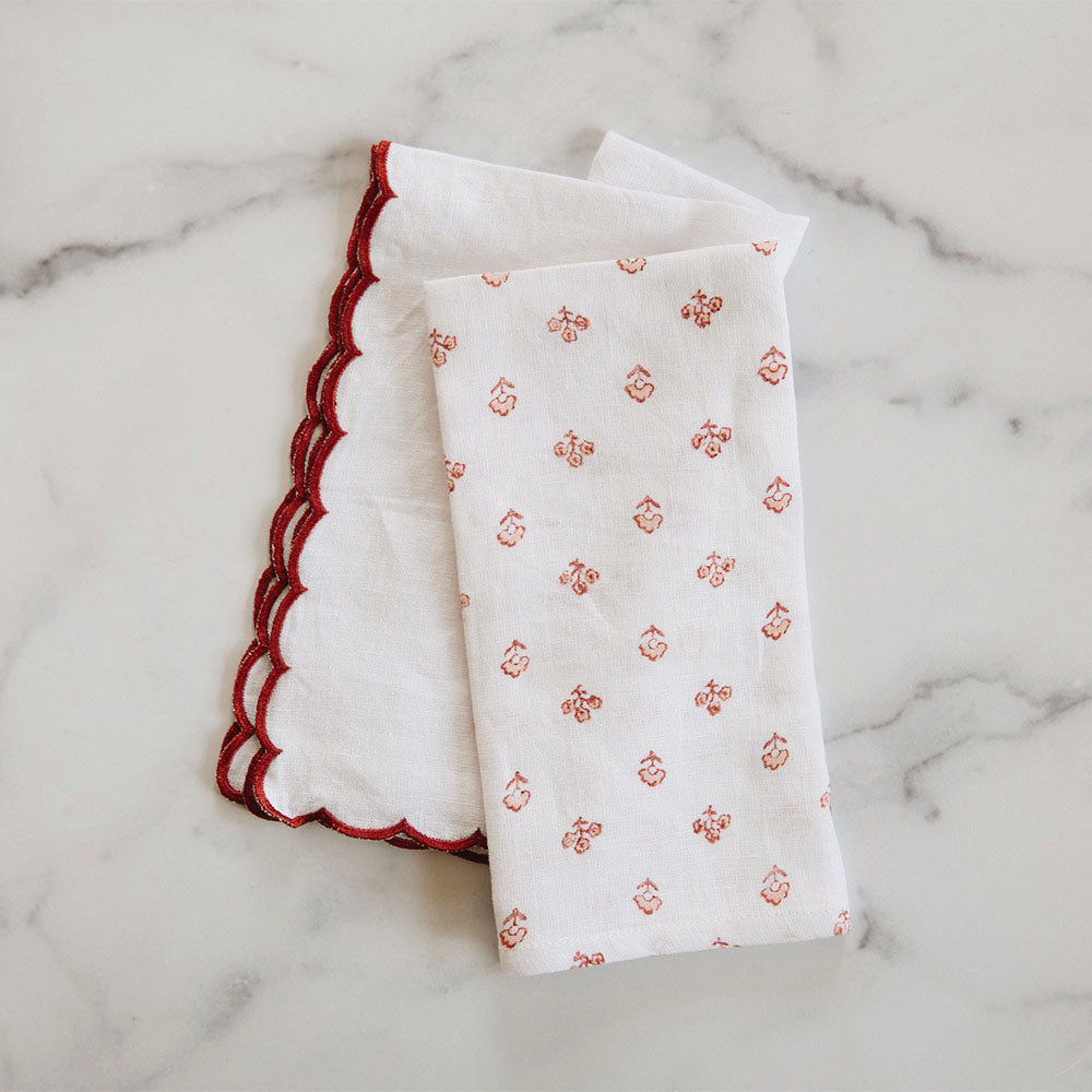 Scallop Border Linen Napkin Set - Red