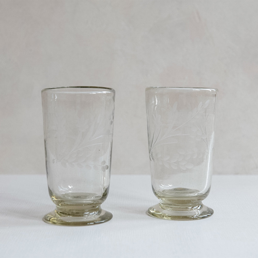 Tall Hand-etched Footed Floral Glassware