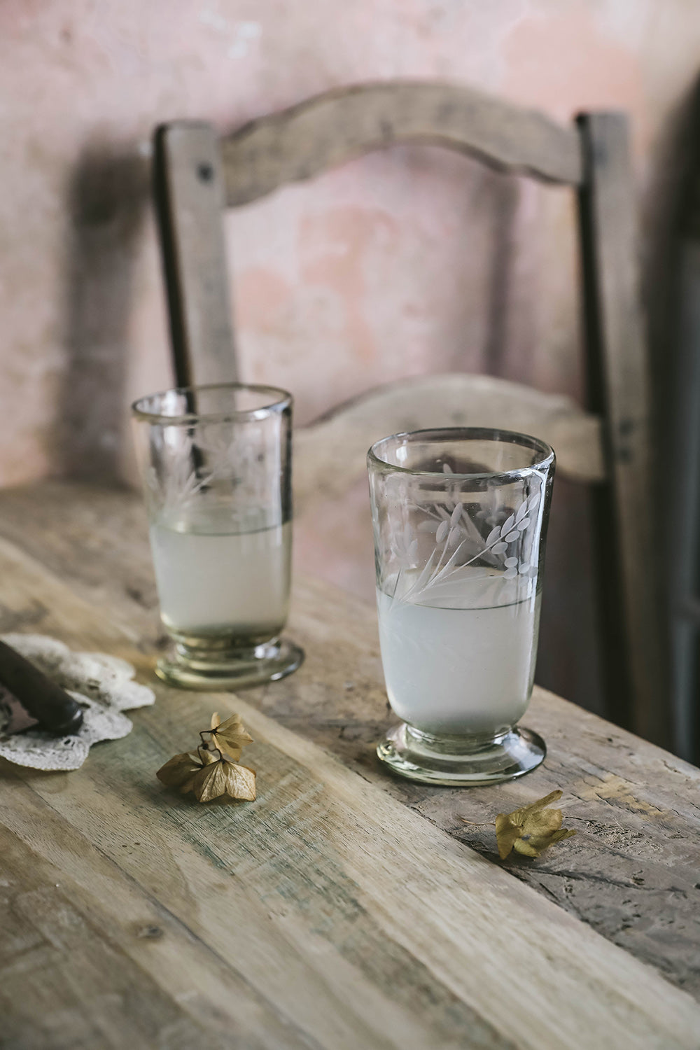 Tall Hand-etched Footed Floral Glassware