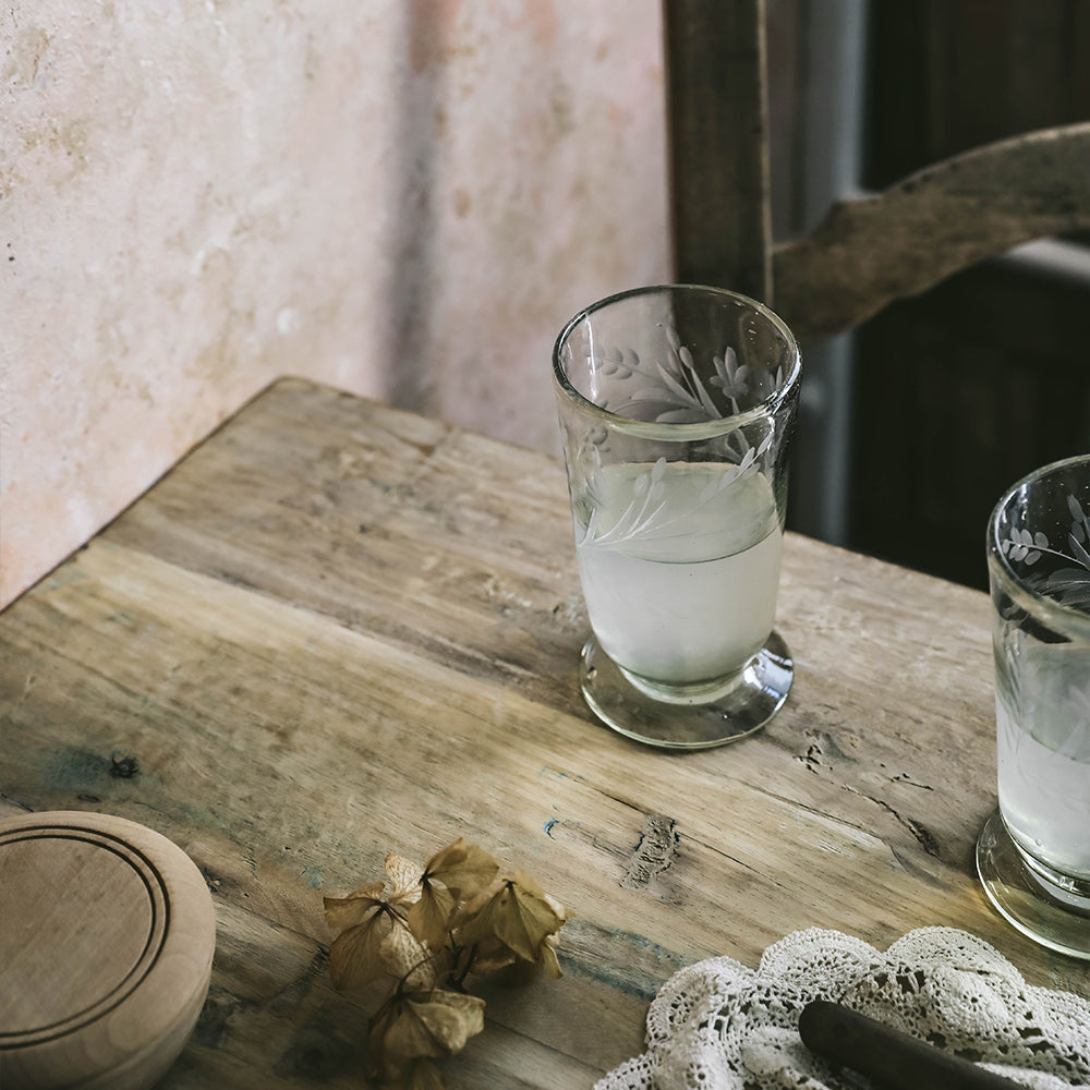 Tall Hand-etched Footed Floral Glassware