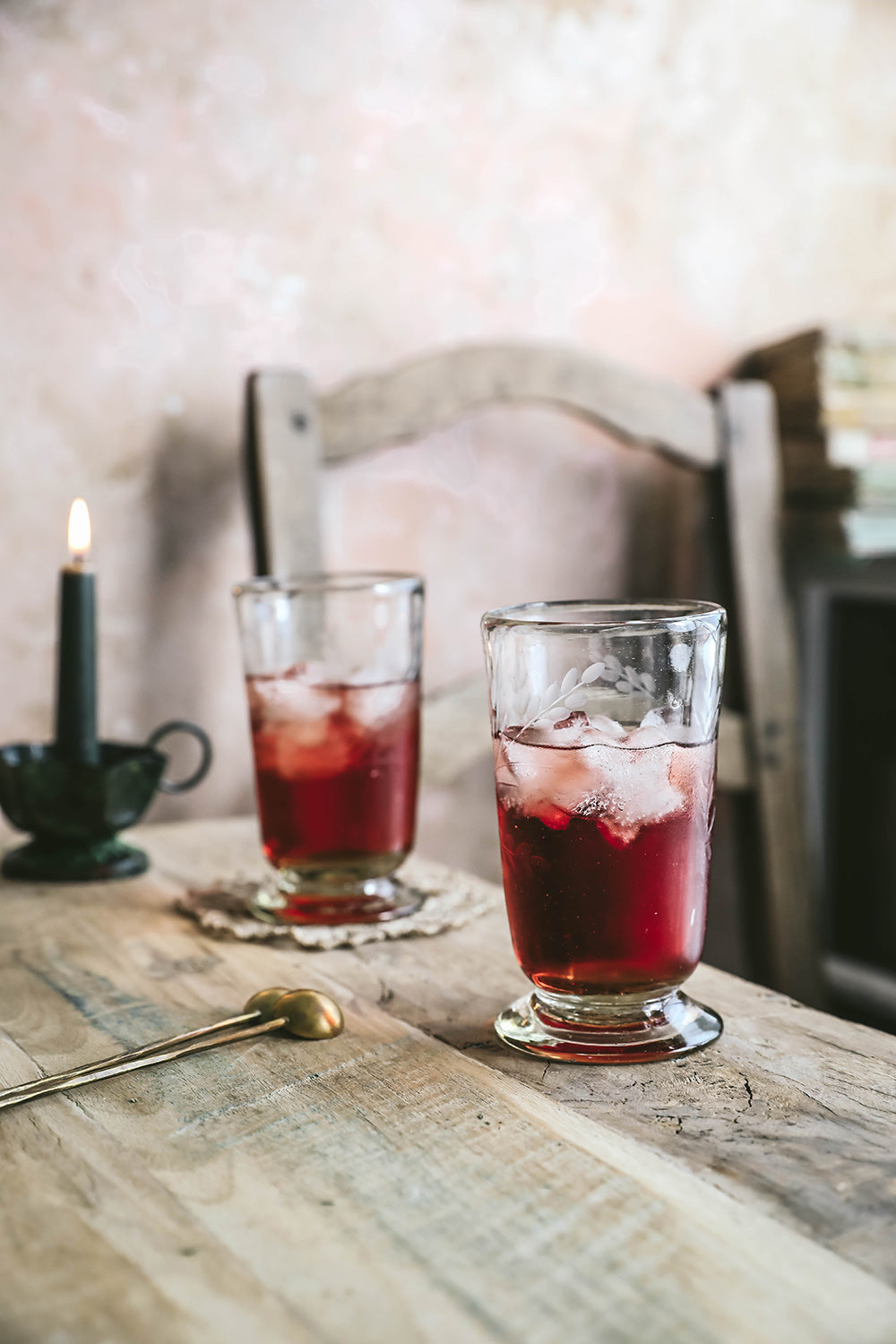 Tall Hand-etched Footed Floral Glassware