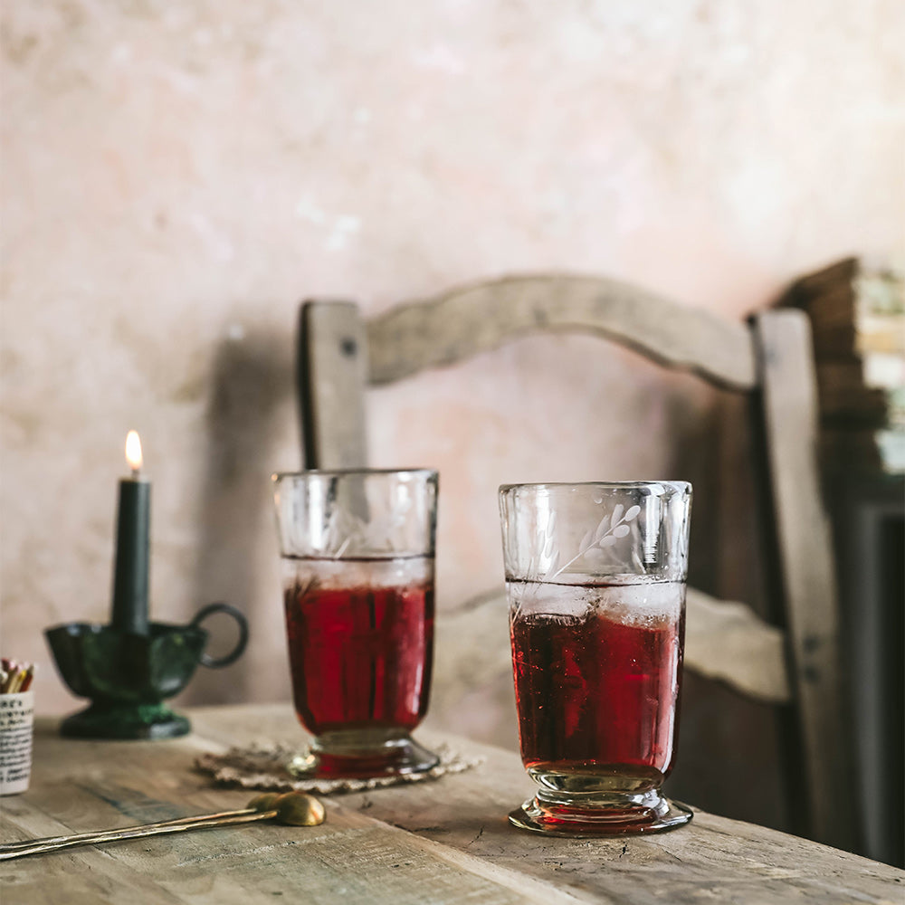 Tall Hand-etched Footed Floral Glassware