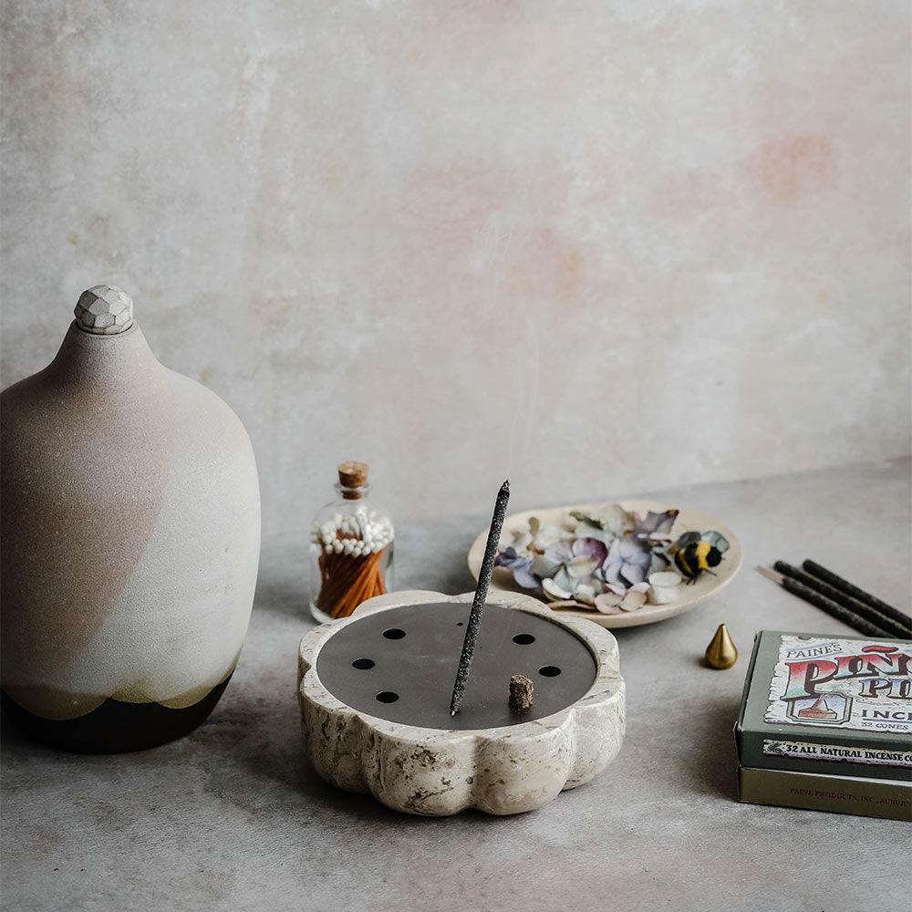 Scalloped Travertine Incense Holder