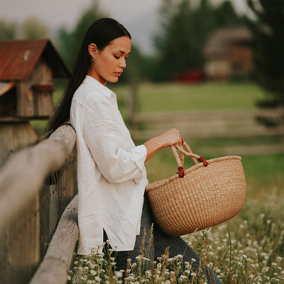 Bolga Basket - Brown Leather Handle