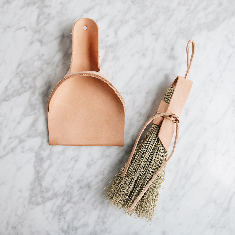 Leather Dustpan and Nesting Brush Set