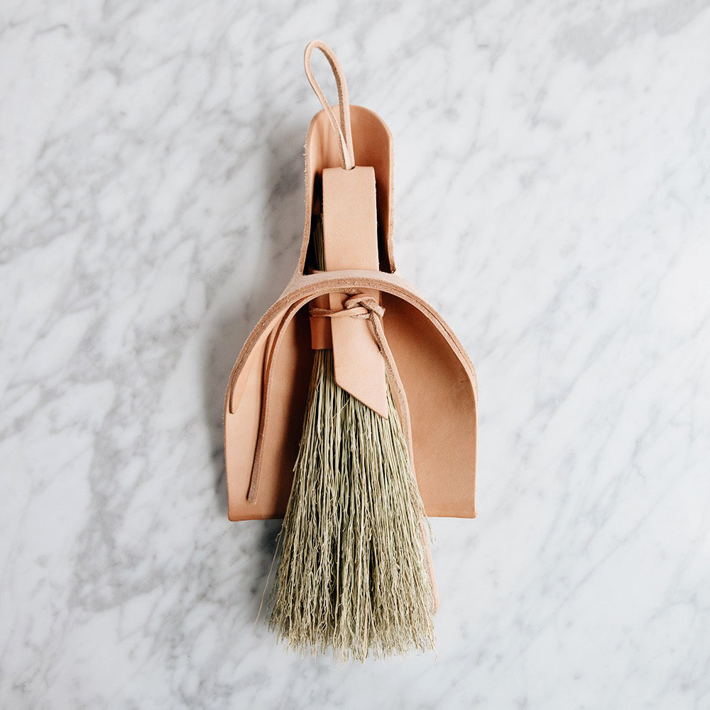 Leather Dustpan and Nesting Brush Set