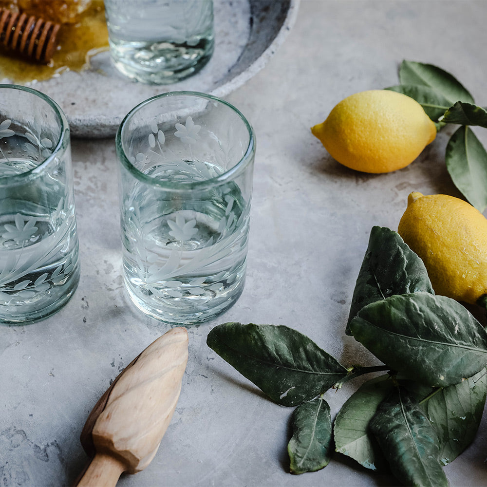 Hand-etched Floral Recycled Glassware - Short