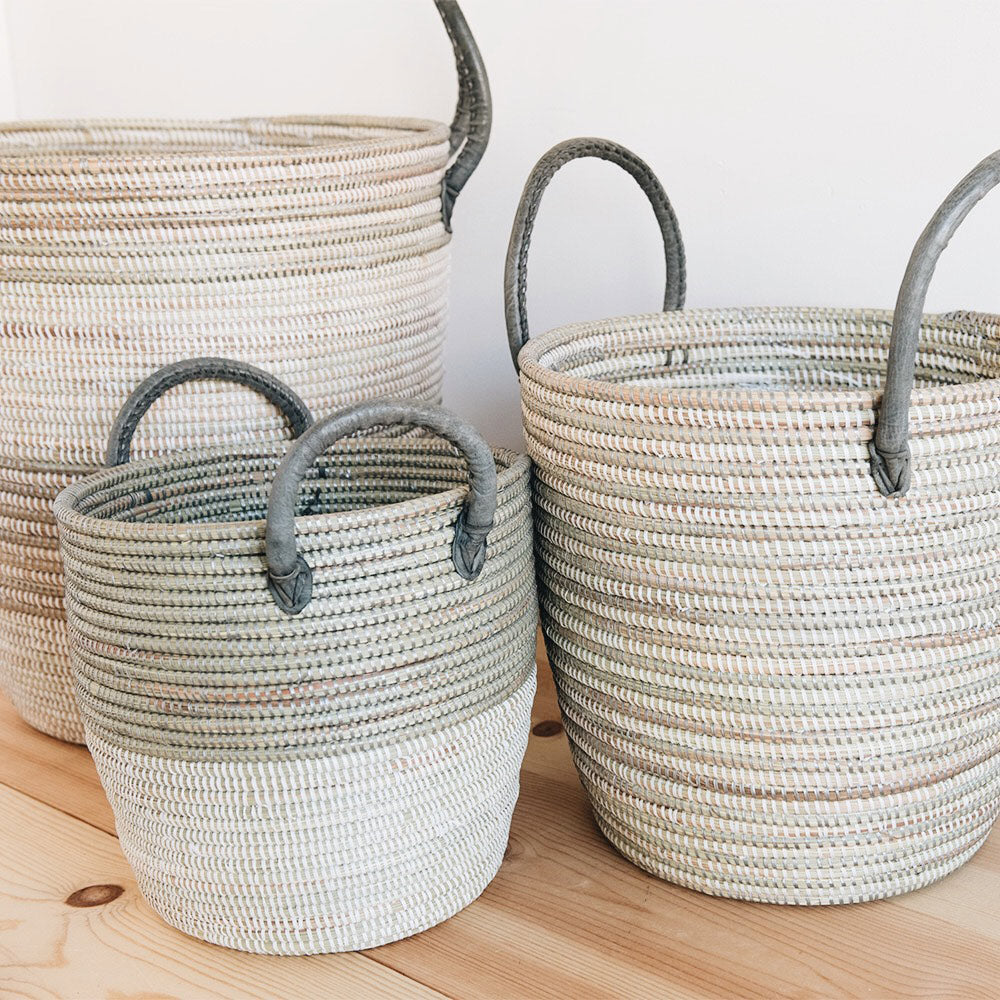 Storage Basket Set With Leather Handles - Silver