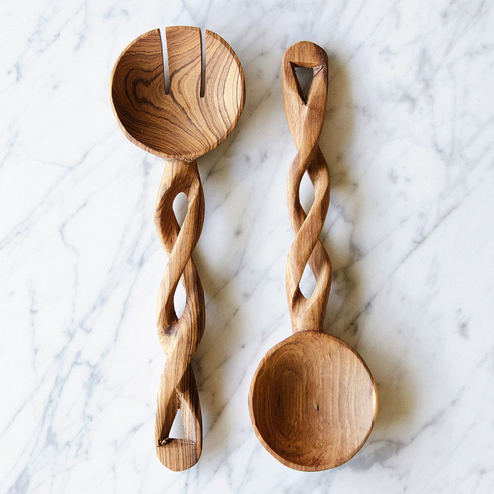 Twisted Olive Wood Salad Server Set