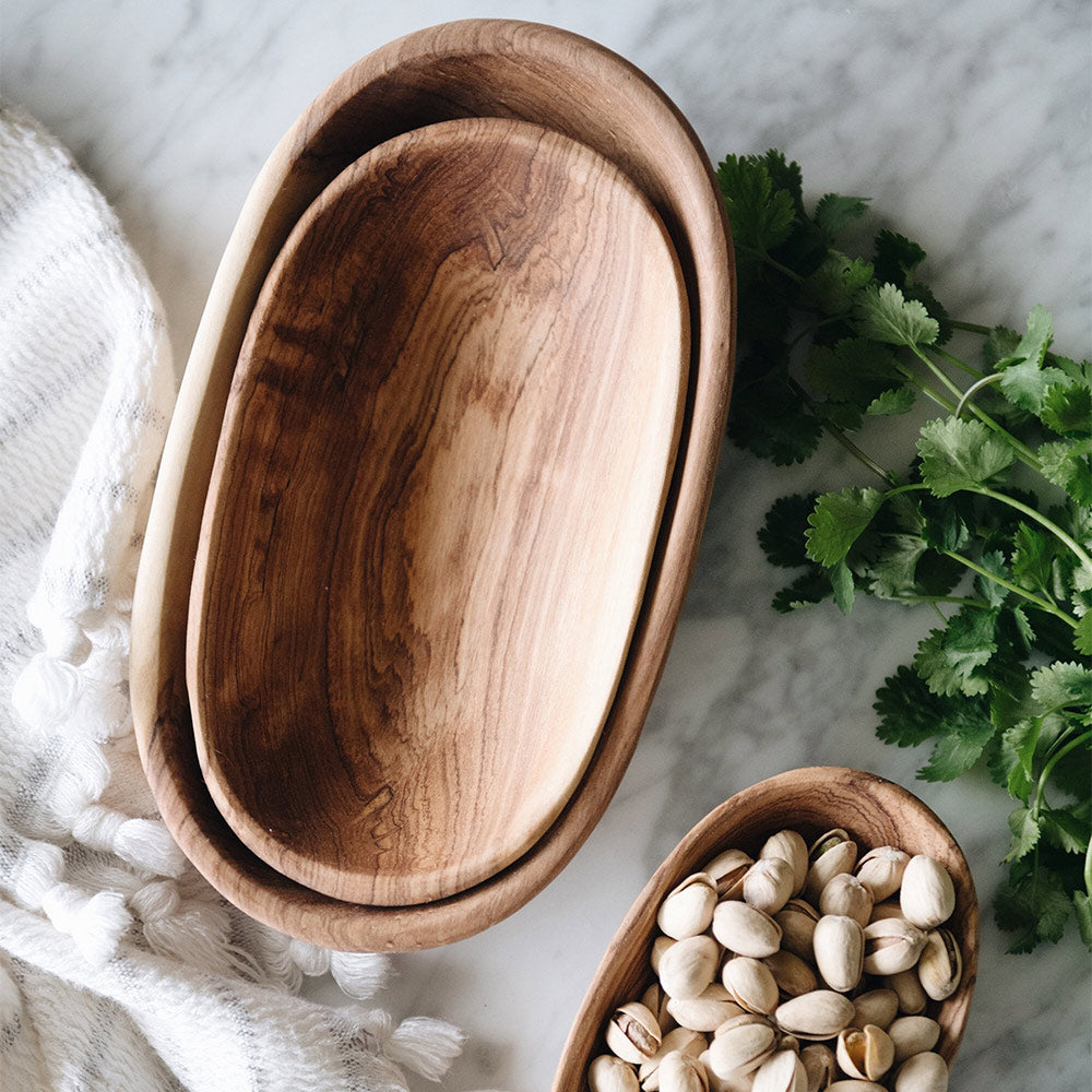 Wild Olive Wood Oval Serving Bowl Set