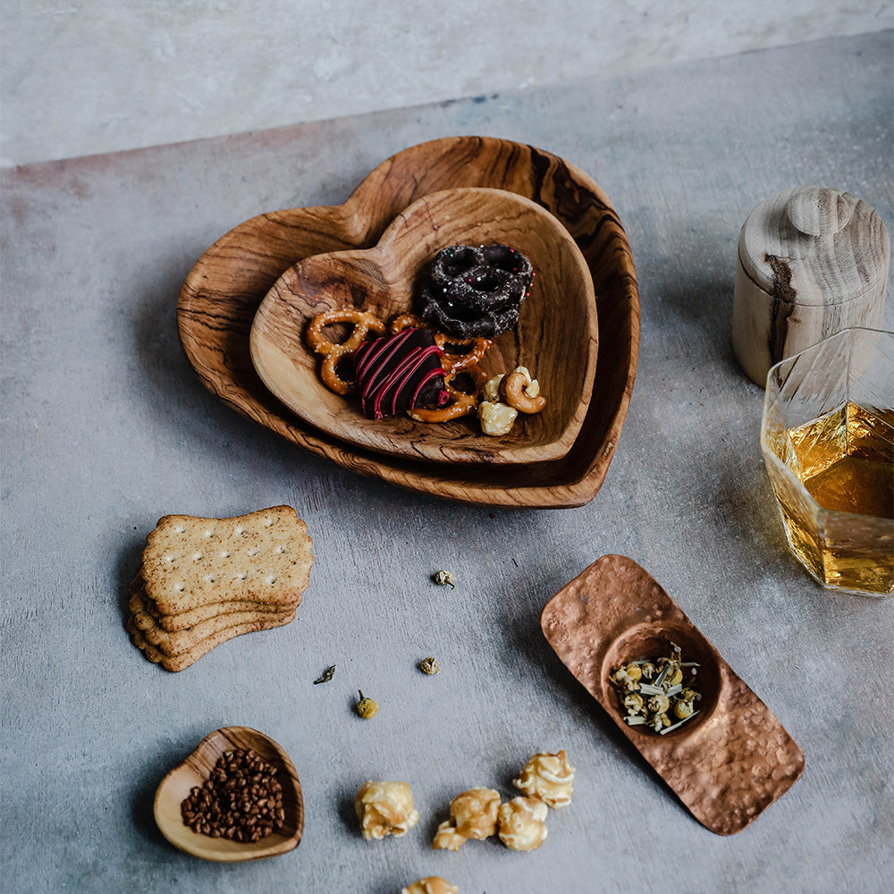 Wild Olive Wood Heart Serving Plate Set